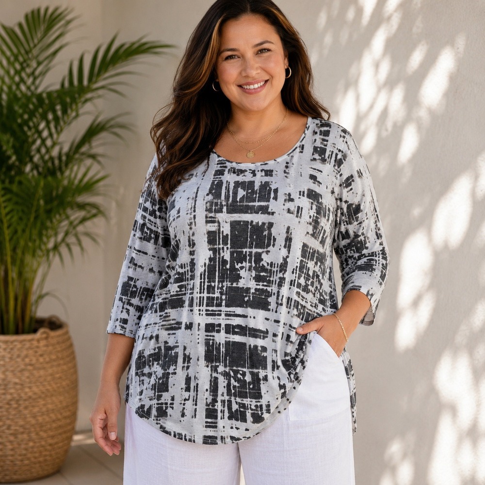 Rose + Olive Womens 1X Abstract Grid Print Tunic Top 3/4 Sleeve Gray White